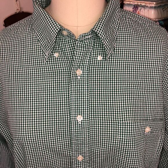 Lands End 💯% Cotton Classic Button Down Tall Shirt in Grass Green Check Print - Picture 3 of 11